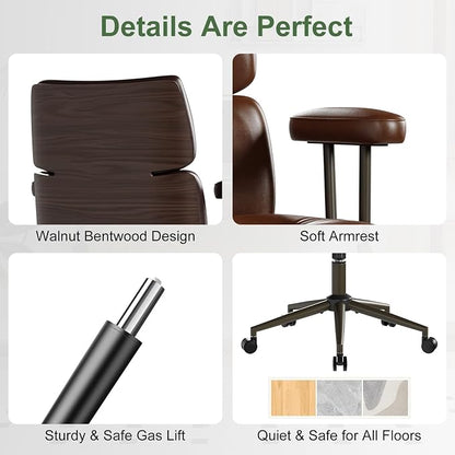 Mid-Century Modern Ergonomic Office Chair,Mid Back Faux Leather Executive Desk Chair with Walnut Bentwood,Tufted Adjustable Swivel Computer Chair for Home Office,Brown