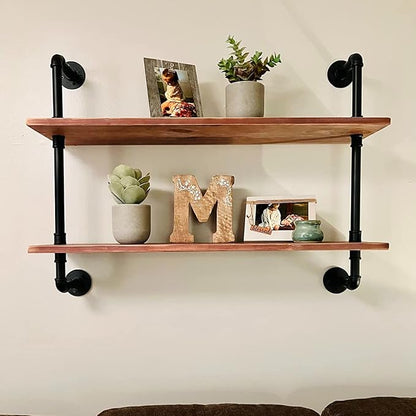 HDDFER Pipe Shelves Industrial Pipe Shelving Shelves Real Wood Industrial Floating Pipe Shelves with Wood Planks 36 inch Wall Shelves Rustic Hanging Bookshelf Farmhouse Kitchen Bar Shelving