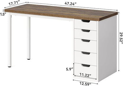 LITTLE TREE Computer Desk with 5 Drawers, 47 Inch Modern Simple Study Writing Desk with Metal Frame, Work Desk for Home Office, Rustic Brown and White