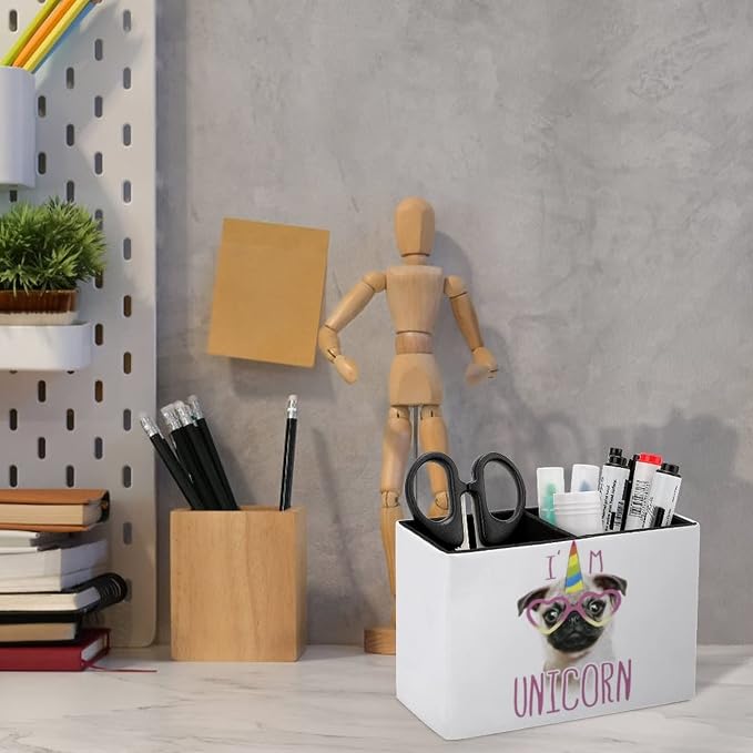 Niapessel Pencil Holder for Desk, Cute Pugs And Unicorns Pen Holder Storage Desktop Pen Organizer Desk Pencil Organizer Makeup Brush Holder for Office School College Leather