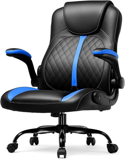 GTPLAYER Office Computer Gaming Chair Ergonomic Desk Chair for Adults with Lumbar Support Flip-Up Arms Adjustable Height Swivel Wheels PU Leather Executive Design for Short People Use, Blue