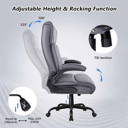 Office Chair, 400LBS Heavy Duty Big and Tall Executive Office Desk Chair with Flip-up Arms, Ergonomic High Back Office Chairs with Lumbar Support, PU Leather, Grey