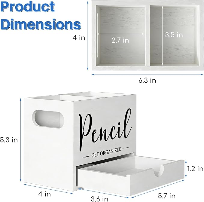 Pen Holder for Desk, Wood Pencil Organizer with Drawer, 2 Slots Dual-Purpose Desk Organizers Marker Holder Art Supplies for Home, Office(White)