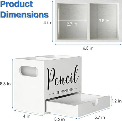 Pen Holder for Desk, Wood Pencil Organizer with Drawer, 2 Slots Dual-Purpose Desk Organizers Marker Holder Art Supplies for Home, Office(White)