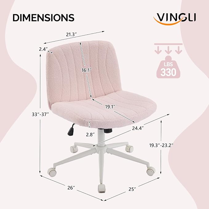 VINGLI Criss Cross Legged Chair,Wide Comfy Office Desk Chair,Dual-Use with/no Wheels Computer Task Chair,Swivel Armless Vanity Boucle Chair for Study,Make Up,Home Office,Teddy Fleece,Pink
