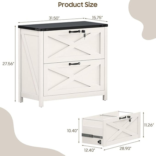 Lateral File Cabinet with 2 Large Drawers, Farmhouse File Cabinet with Lock for Letter/Legal/A4 Size Hanging Files, Wood File Storage Cabinets Printer Stand for Home Office Cabinets, White and Black