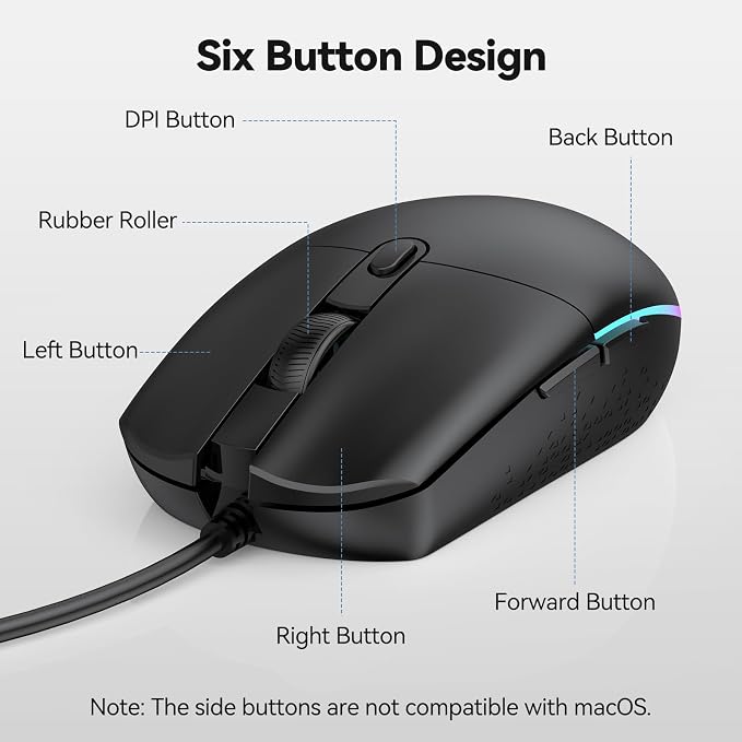 TECKNET Wired Mouse - USB Corded Mouse with RGB Backlit Full Size Optical Silent Mouse with Side Buttons,LED Plug and Play Wired Connection Office Mice for Desktop,PC,Laptop