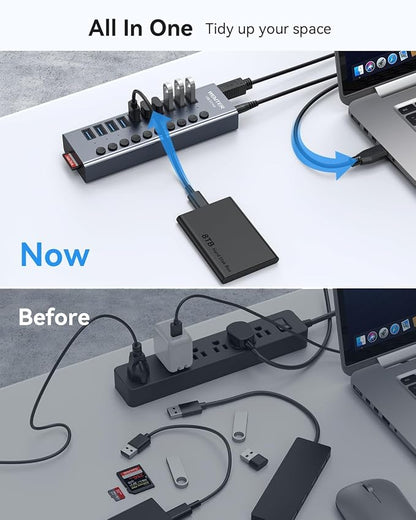 Powered USB 3.0 Hub, Wenter 10 Ports 36W Powered USB Hub, Aluminum USB Splitter with Individual On/Off Switches, SD/TF Card Readers and 12V/3A Power Adapter for PC/Laptops/MacBook Pro/Air/iMac/iPad