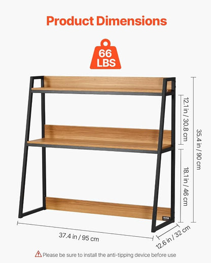 VEVOR 2-Tier Desktop Storage Organizer, 37.4" x 12.6" x 35.4" Office Storage Rack, Wood Color Display Shelf, Desktop Bookshelf Hutch with Anti-Slip Feet Pads, for Office, Home & Dorm