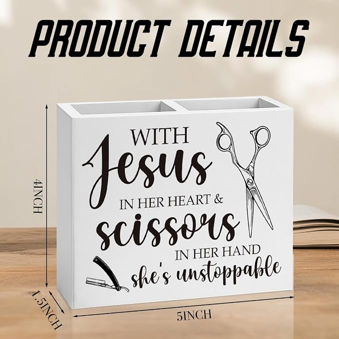 Hairstylist Gifts, Hairdresser Gift for Women Men Friend Employee Rustic with Jesus in Her Heart and Scissors in Her Hand Wooden Box Holder Home Hair Salon Barbershop Decor
