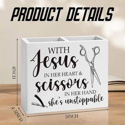 Hairstylist Gifts, Hairdresser Gift for Women Men Friend Employee Rustic with Jesus in Her Heart and Scissors in Her Hand Wooden Box Holder Home Hair Salon Barbershop Decor