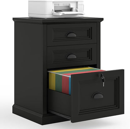 Halitaa Vertical File Cabinet, Filing Cabinet with 3 File Drawers & Lock, Farmhouse Small File Cabinet Fits Letter/A4 Size, Wooden Printer Stand, Home Office Cabinet, Black