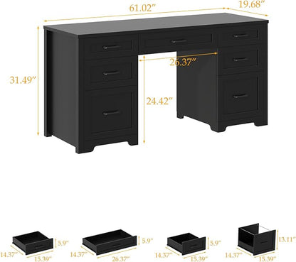 Vabches Farmhouse 61'' Executive Desk with 7 Drawers, Rustic Office Desk Computer Table with File Drawers, Wood Workstation for Study and Home Office,Pure Black