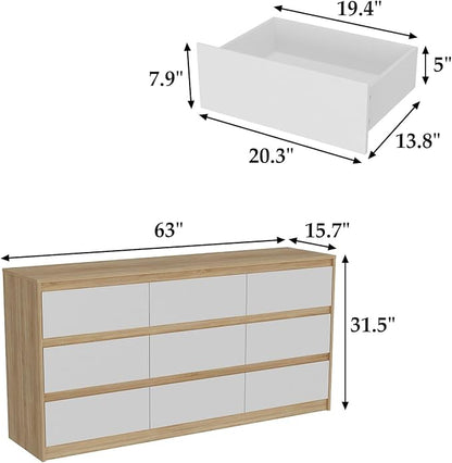63” Dresser Chest of Drawers 9 Drawer Dresser, Modern 9 Drawer Chest for Living Room Bedroom, No Handle Design, White and Oak 15.7”D x 63”W x 31.5”H