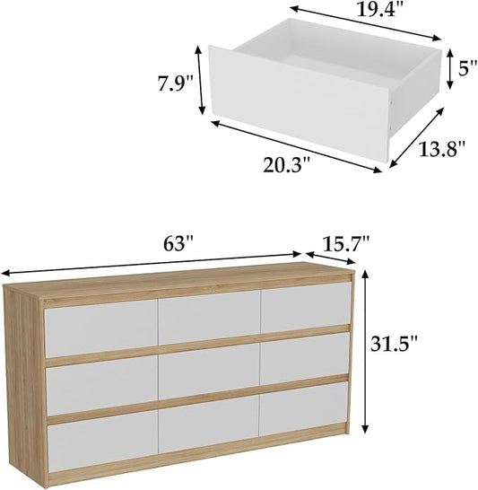 63” Dresser Chest of Drawers 9 Drawer Dresser, Modern 9 Drawer Chest for Living Room Bedroom, No Handle Design, White and Oak 15.7”D x 63”W x 31.5”H
