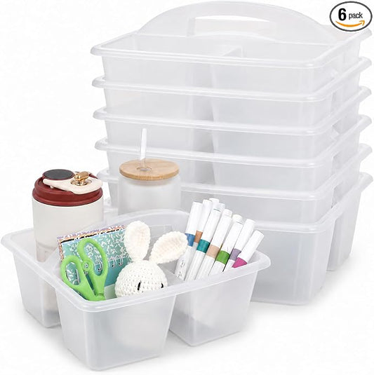 6 Pack 3 Compartment Small Caddy Plastic Classroom Organizer with Handle Portable Teacher Supply Storage Caddy Craft Art Caddies for Pencil, Crayon, Marker, Home, Office, School Supplies(Clear)