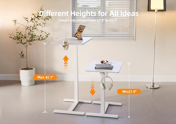 Claiks Mobile Overbed Table with Wheels - 25.5" Adjustable Height Standing Desk for Hospital & Home Use, 22lbs Capacity, Ergonomic Rolling Laptop Cart, White