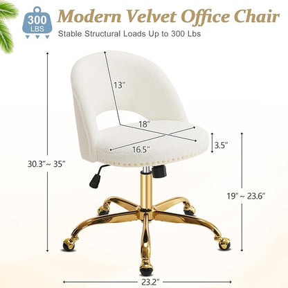VINGLI Modern Teddy Fluffy Small Office Chair,Cute Desk Chair with Wheels,Gold Base/Studs, Comfy Armless Swivel Vanity Task Chair for Women/Girl/Kids, Nail Tech Chair for Bedroom,Small Space,White