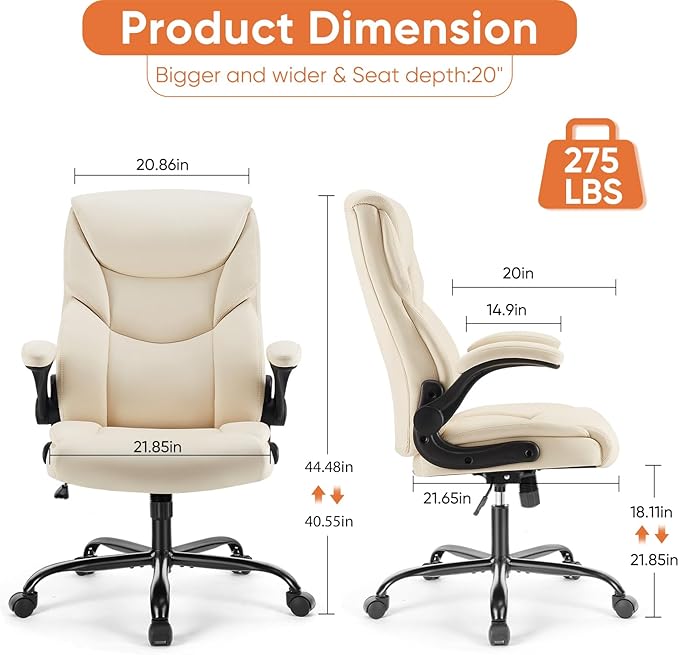 Sweetcrispy Office Executive Chair - Heavy Duty High Back Home Desk Chair with Flip-up Armrest, PU Leather, Height Adjustable & Swivel Rolling with Wheels, Beige