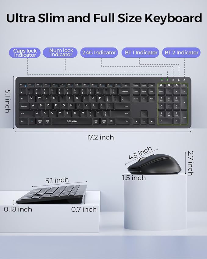 seenda Wireless Keyboard and Mouse Combo for Windows PC, Laptop, Mac, iPad, Bluetooth & 2.4G 3-Device Multi-Connection, Ultra Slim Full Size Quiet Keyboard, Adjustable DPI Mouse, Black