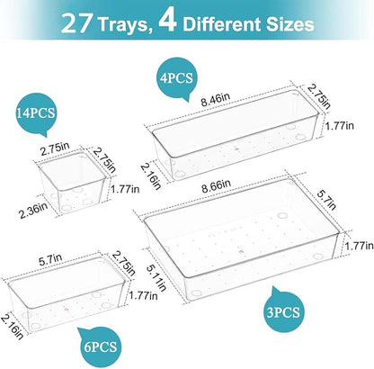 27 Pack Clear Plastic Drawer Organizer Set - 4 Sizes Makeup Vanity Organizer Chest of Drawers Storage Stackable Organizers Bins Divider Box for kitchens, Bedrooms, Bathrooms, Offices, Junk, Gadgets