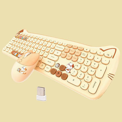 Cute Cat 2.4G USB Wireless Keyboard and Mouse Combo, Silent Keys, Candy Colors, Compatible with Notebook, PC (MilkTea-110Keys)