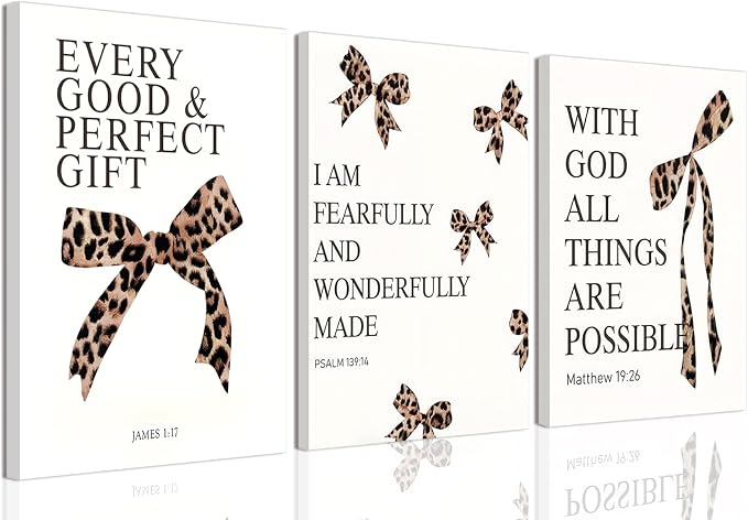 Leopard Bow Wall Art, Y2K Cheetah Print Room Decor for Teen Girls, Inspirational Bible Verses Bow Wall Decor Canvas Pictures Aesthetic for Bedroom Bathroom Dorm 12x16 Inch Framed