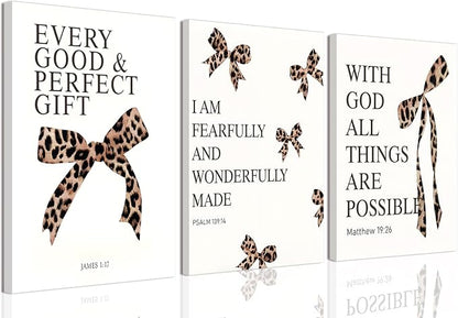 Leopard Bow Wall Art, Y2K Cheetah Print Room Decor for Teen Girls, Inspirational Bible Verses Bow Wall Decor Canvas Pictures Aesthetic for Bedroom Bathroom Dorm 12x16 Inch Framed