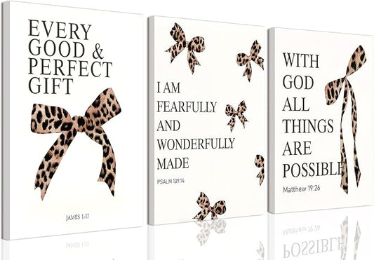 Leopard Bow Wall Art, Y2K Cheetah Print Room Decor for Teen Girls, Inspirational Bible Verses Bow Wall Decor Canvas Pictures Aesthetic for Bedroom Bathroom Dorm 16x24 Inch Framed