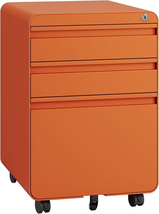 Dripex 3 Drawer Orange File Cabinet, Mobile Under Desk Storage File Cabinet with Lock on Wheels, Letter/Legal Size,Fully Assembled, Small Short Vertical Metal Rolling Filing Cabinets for Home Office
