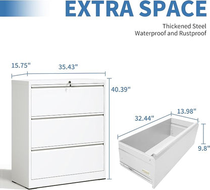 File Cabinets 3 Drawer,Metal Office Storage Filing Cabinet with Lock,White Lateral Filing Cabinet for Home Office,Horizontal Locking File Cabinets for Legal/Letter/A4 Files,Assembly Required
