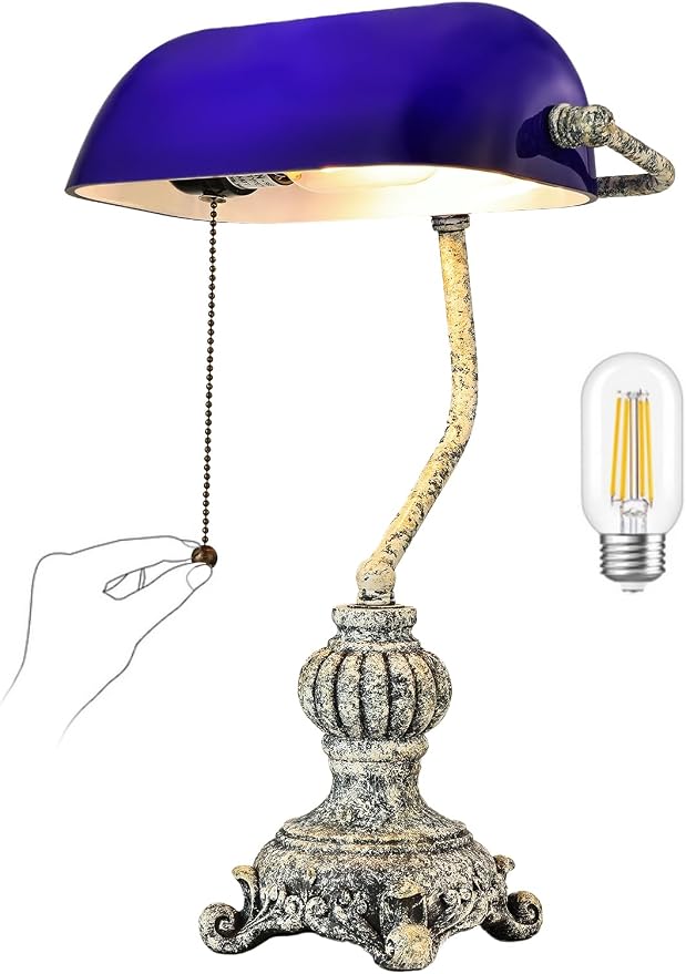 Retro Blue Glass Bankers Desk Lamp,LED Bulb Included | Home Office Library with Pull Chain Switch Plug in Fixture