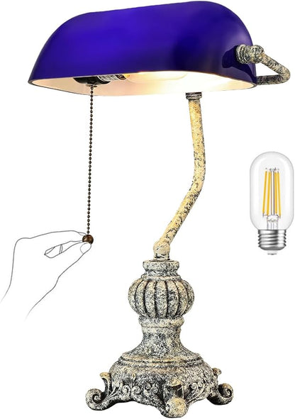Retro Blue Glass Bankers Desk Lamp,LED Bulb Included | Home Office Library with Pull Chain Switch Plug in Fixture