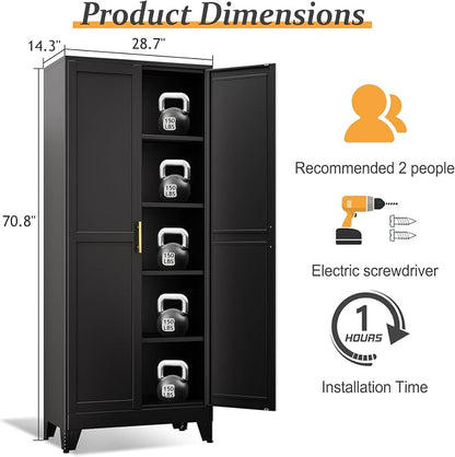 Black Pantry Storage Cabinet,71" Kitchen Pantry with Doors and 4 Adjustable Shelves, Metal Storage Cabinet, for Office, Home, Garage, School