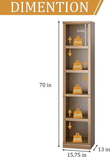 blini 5-Shelf Narrow Bookcase Wooden Tall Bookshelves Floor Standing Display Storage Shelves Vintage Oak Bookcase for Home Office, Living Room, Bed Room