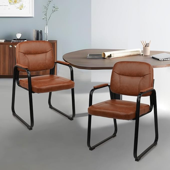 CLATINA Waiting Room Guest Chair with Bonded Leather Padded Arm Rest for Office Reception and Conference Desk Black with Sled Base Brown 8 Pack