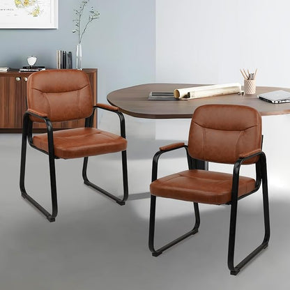 CLATINA Waiting Room Guest Chair with Bonded Leather Padded Arm Rest for Office Reception and Conference Desk Black with Sled Base Brown 6 Pack