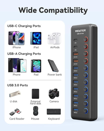 Powered USB 3.0 Hub, Wenter 48W 11-Port USB Hub Splitter (7 Faster Data Transfer Ports+ 4Pcs QC Charging Ports) with Individual LED On/Off Switches, USB Hub 3.0 Powered with Power Adapter
