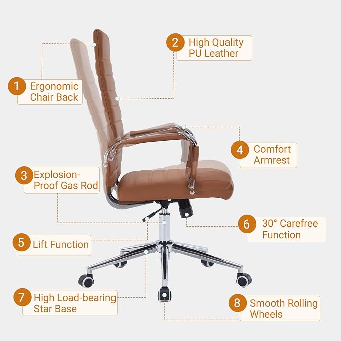 Sidanli Office Desk Chairs with Wheels, Executive Swivel Rolling Faux Leather Conference Chair with Comfortable Lumbar Support for Home Office(High Back, Brown)
