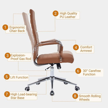 Sidanli Office Desk Chairs with Wheels, Executive Swivel Rolling Faux Leather Conference Chair with Comfortable Lumbar Support for Home Office(High Back, Brown)