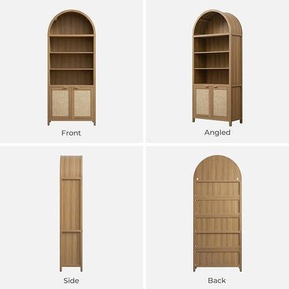 SICOTAS Book Shelf Arched Cabinet Bookshelf Arch 84.2" Tall Bookcase 5 Tier Large Bookshelves with Doors Storage Rattan Boho Wide Book Shelves Case for Living Room Kitchen Office Library