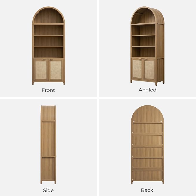SICOTAS Book Shelf Arched Cabinet Bookshelf Arch 84.2" Tall Bookcase 5 Tier Large Bookshelves with Doors Storage Rattan Boho Wide Book Shelves Case for Living Room Kitchen Office Library