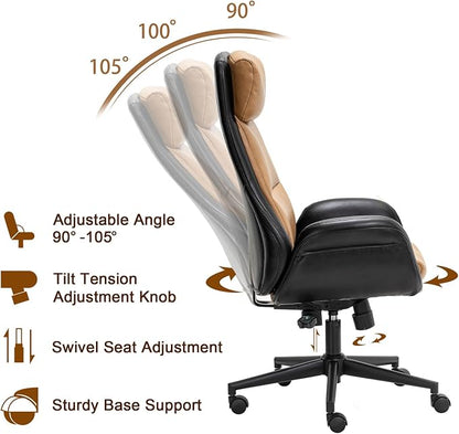 Glitzhome Mid-Century Modern Two-Tone Color High Back Leatherette Chairs Computer Desk Chair, Task Chair with Armrest Adjustable Gaslift Office Chair Executive Swivel Chair,Black & Camel