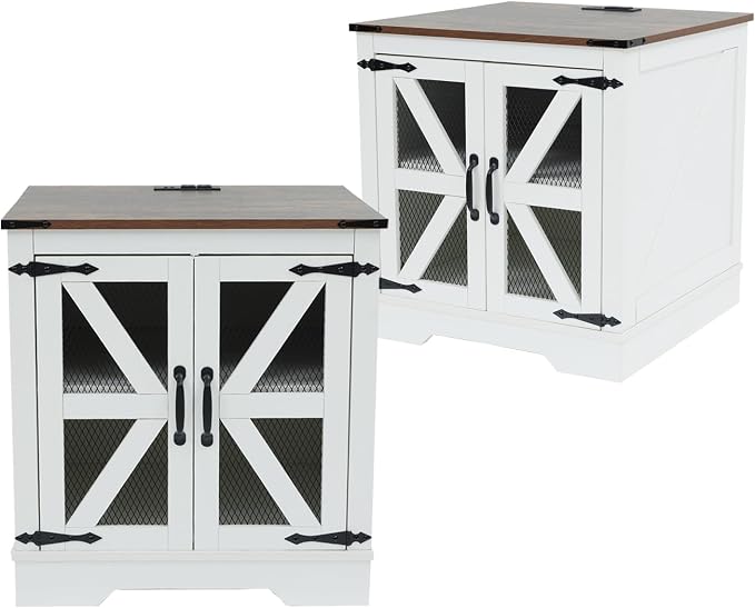 Farmhouse End Table Set with Charging Station Set of 2, Living Room Tables with Hidden Storage, Wood Square Sofa Bedside Tables, Night Stand with Power Outlet and Door, White