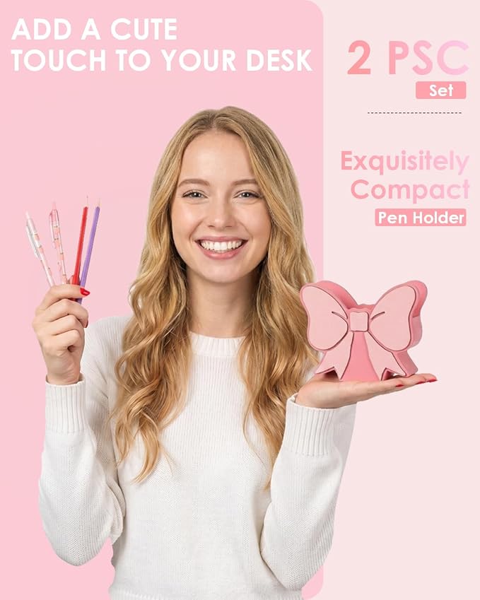 2-Pack Cute Pink Bow Pen Holder, Pink Bow Desk Accessories Set, Wooden Desk Organizer & Decorations for Office and School Supplies, Aesthetic Decor Gift for Women Girls