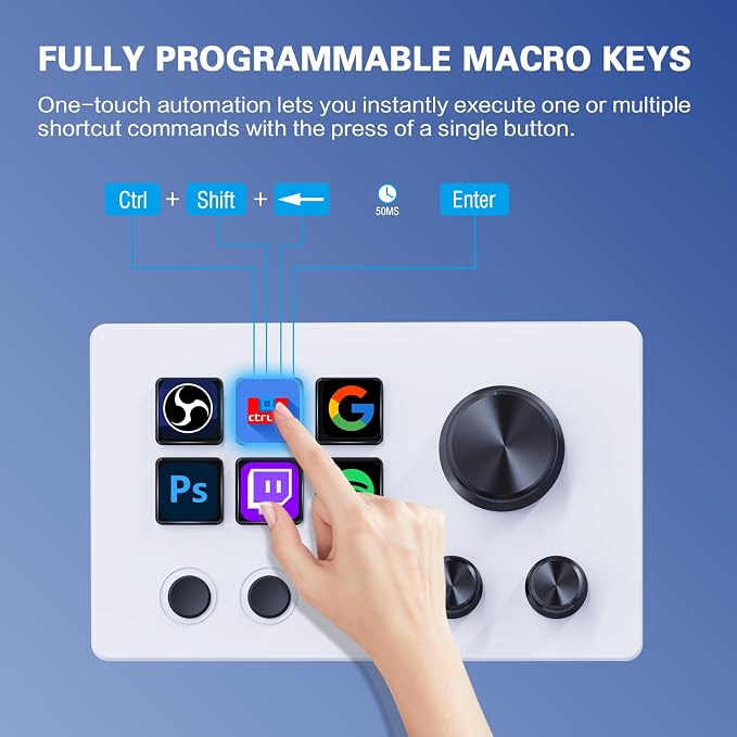 ActionRing Streaming Macro Keypad, Stream Controller Deck, Gaming Shortcut Keyboard, with 6 Customizable LCD Shortcut Keys, 3 Buttons and 3 Dials, Trigger Actions in OBS/Twitch/YouTube, For office workers and Content creaters,Windows 10/Mac14.0 (N3 White)
