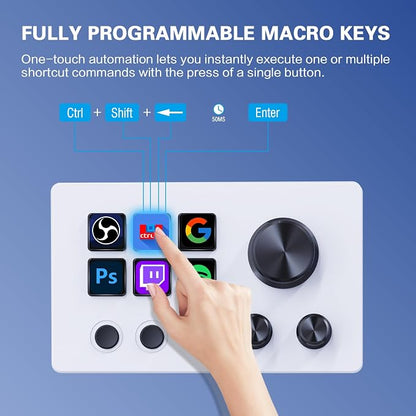 ActionRing Streaming Macro Keypad, Stream Controller Deck, Gaming Shortcut Keyboard, with 6 Customizable LCD Shortcut Keys, 3 Buttons and 3 Dials, Trigger Actions in OBS/Twitch/YouTube, For office workers and Content creaters,Windows 10/Mac14.0 (N3 White)