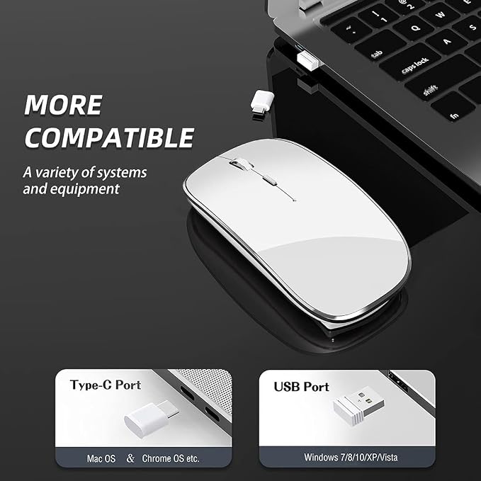 Halpilt Wireless Mouse Chargeable Portable Silent USB-A and Type-C Dual Mode 3 Adjustable DPI for Laptop, PC (Q23S White)