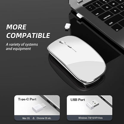 Halpilt Wireless Mouse Chargeable Portable Silent USB-A and Type-C Dual Mode 3 Adjustable DPI for Laptop, PC (Q23S White)