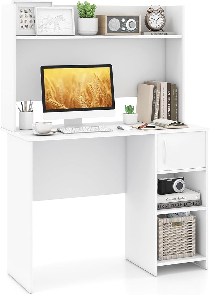 Giantex White Desk with Hutch, Small Computer Desk with Bookshelf & Adjustable Shelf, 2 Cable Holes, Modern Laptop PC Computer Workstation, Study Writing Desk for Small Spaces, Bedroom, Home Office
